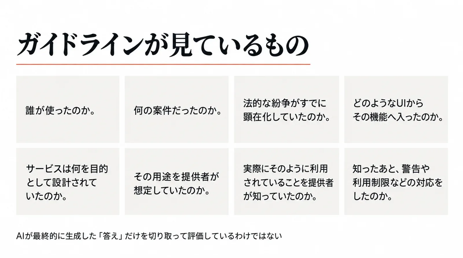 誰が使ったのか、何の案件だったのか、紛争が顕在化していたのか、どのUIから入ったのか、何を目的として設計されていたのか、その用途を想定していたのか、実際の利用を知っていたのか、知ったあと対応したのか、という八つの事情